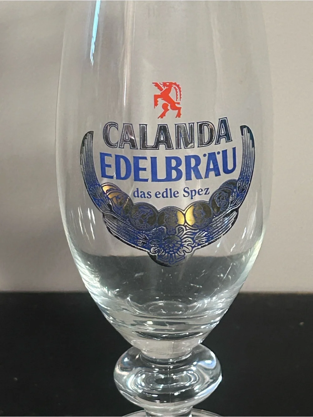 Calanda Edelbräu Branded Beer Glass - Blue & Gold Accents